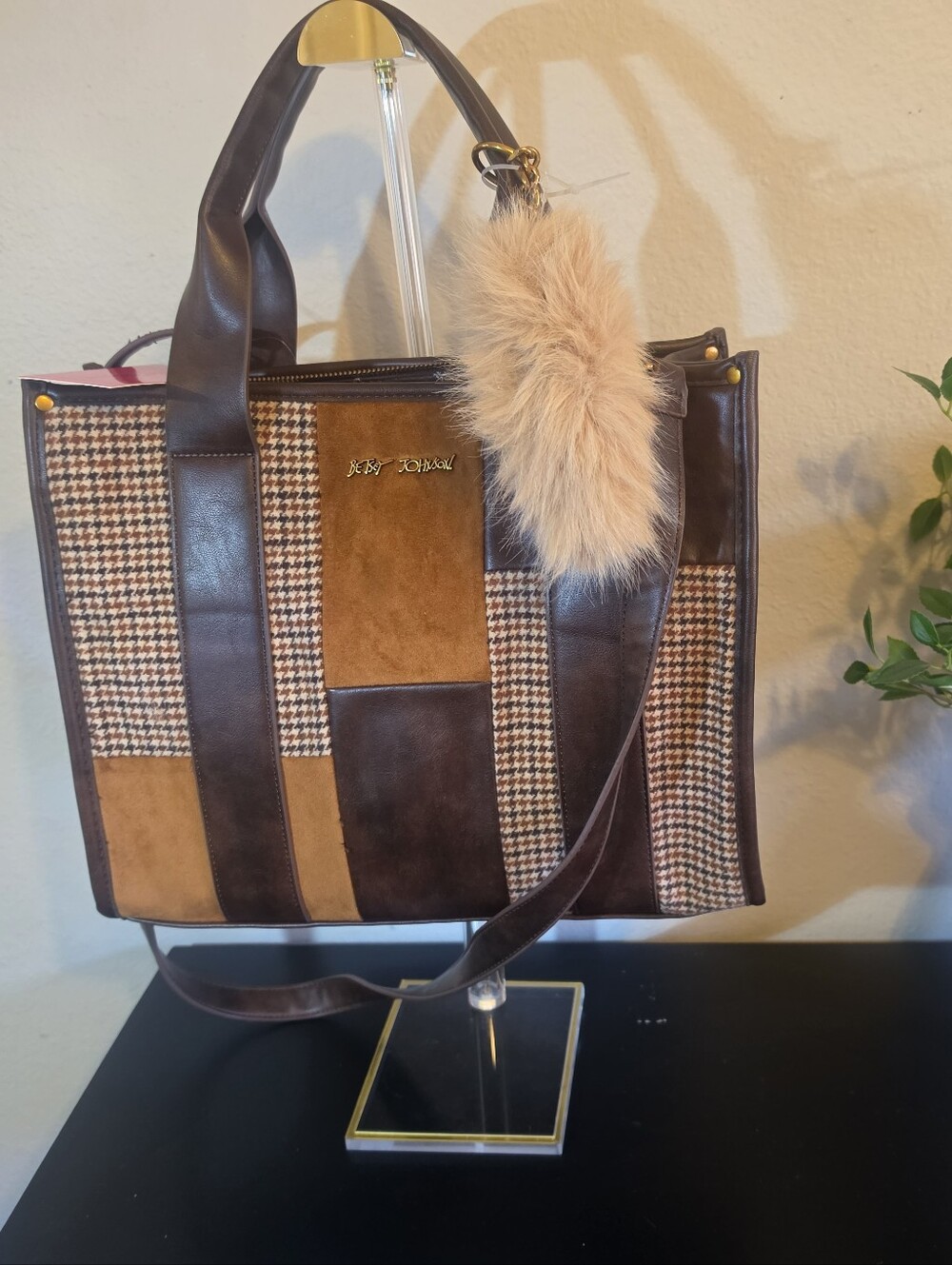 NWT Betsey Johnson Brown Multi Houndstooth Patchwork Tote Bag & Pom Pom Charm